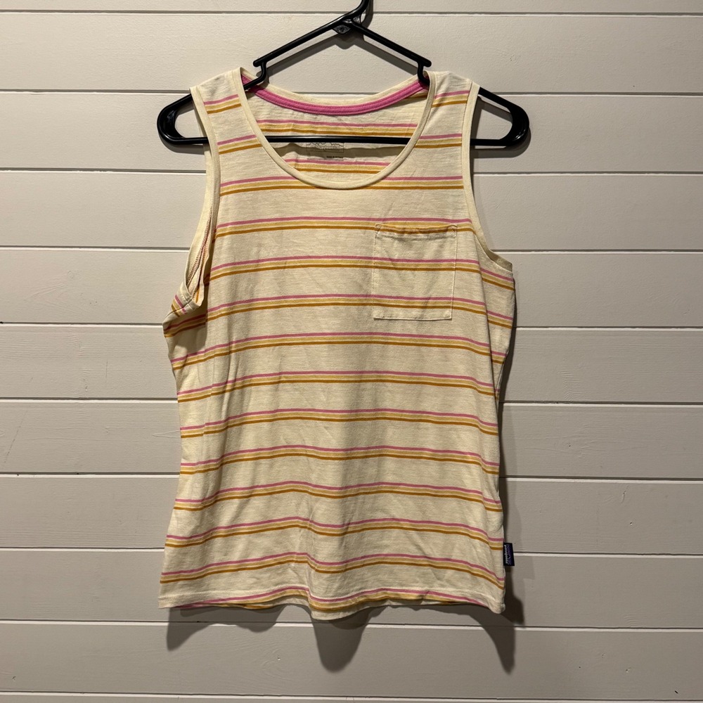 Patagonia Mainstay Striped Pocket Tank Top Womens Small Pink Orange Cream 52911